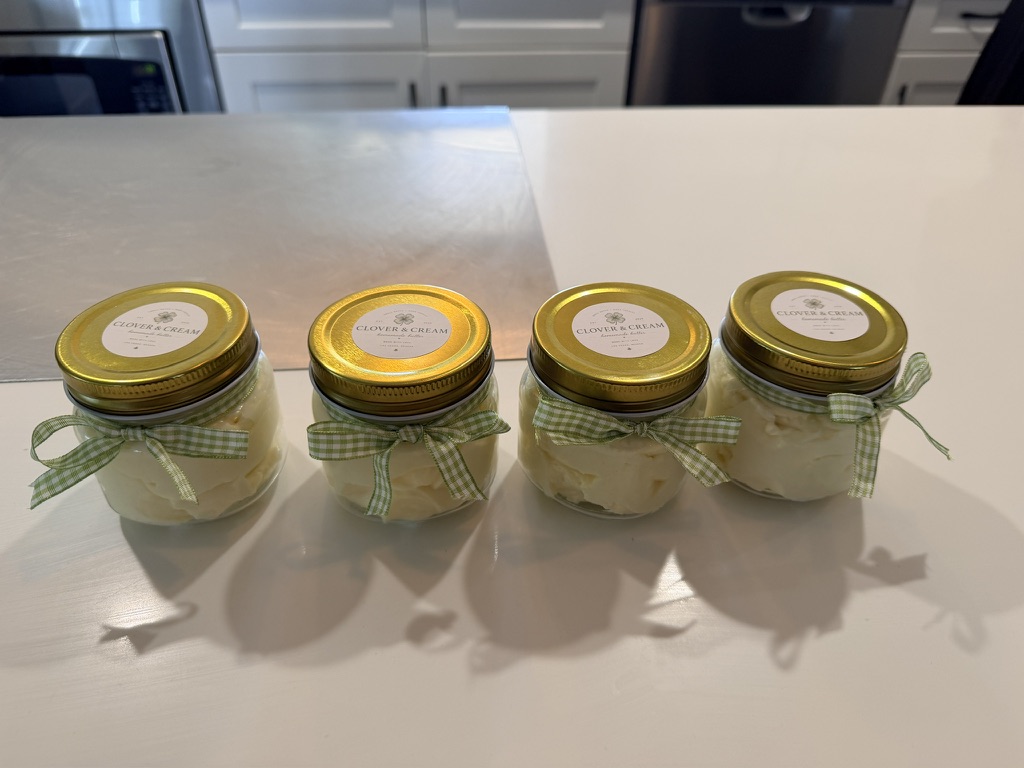 Clover butter jars finished with green gingham ribbons